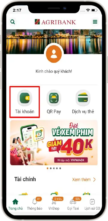 Bước 1 : Tại giao diện chính » Chọn mục TÀI KHOẢN